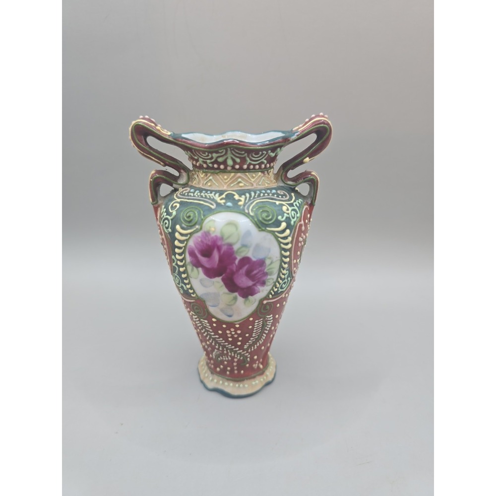 Moriage Japan Hand Painted Enamel Double Handle Petite Vase 4.5" Antique Vintage